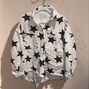 POL Star Women button up White Denim Jacket with distressed hem size Small